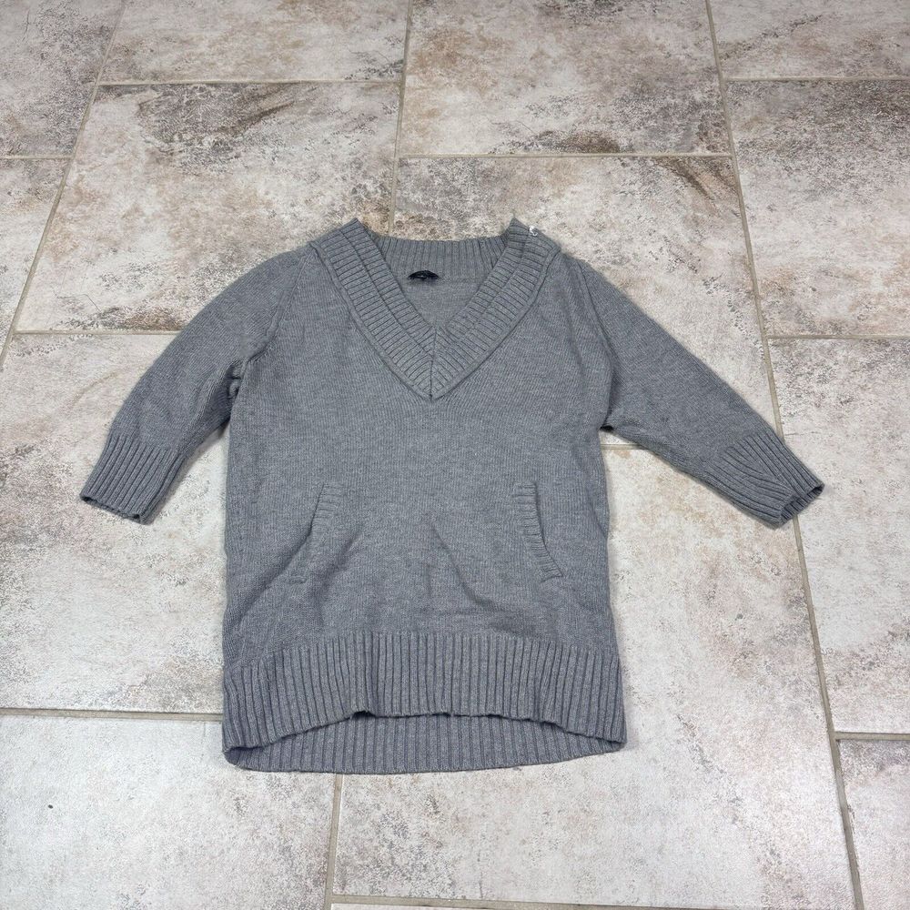 Ann Taylor V Neck Merino Wool Blend Sweater Womens Small Gray Knit Top Pullover